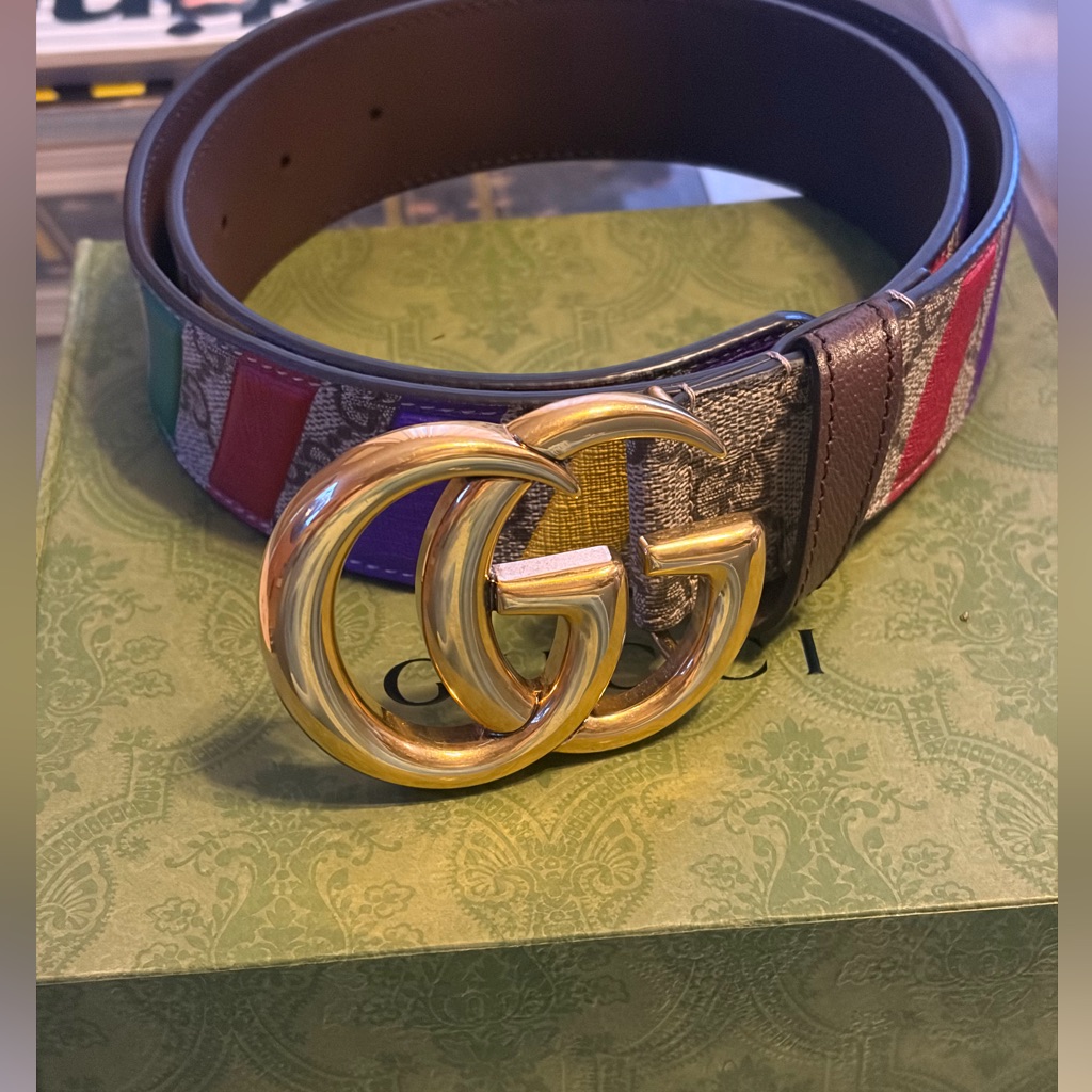 Gucci Brown Gg Belt With Multicolor Stripes